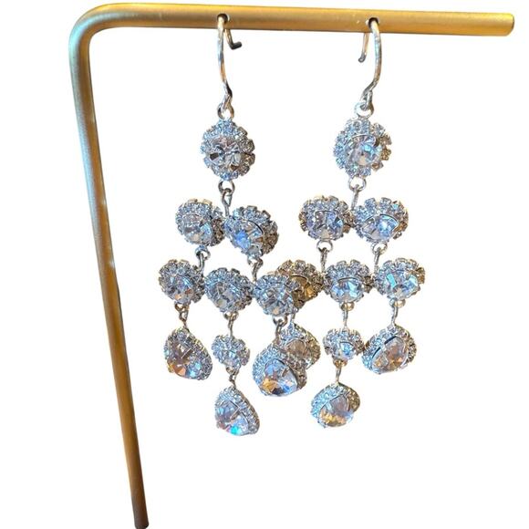 Elegant Silver Rhinestone Chandelier Crystal Drop Earrings 3” - Picture 1 of 4